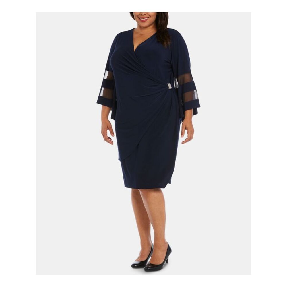 R&M RICHARDS WOMAN Womens Navy 3/4 Sleeve V Neck Knee Length Wrap Dress Plus 16W